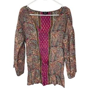 𝅺tolani Silk V-neck Hot Pink Paisley Bell Sleeve Shirred Elastic Waist, Medium